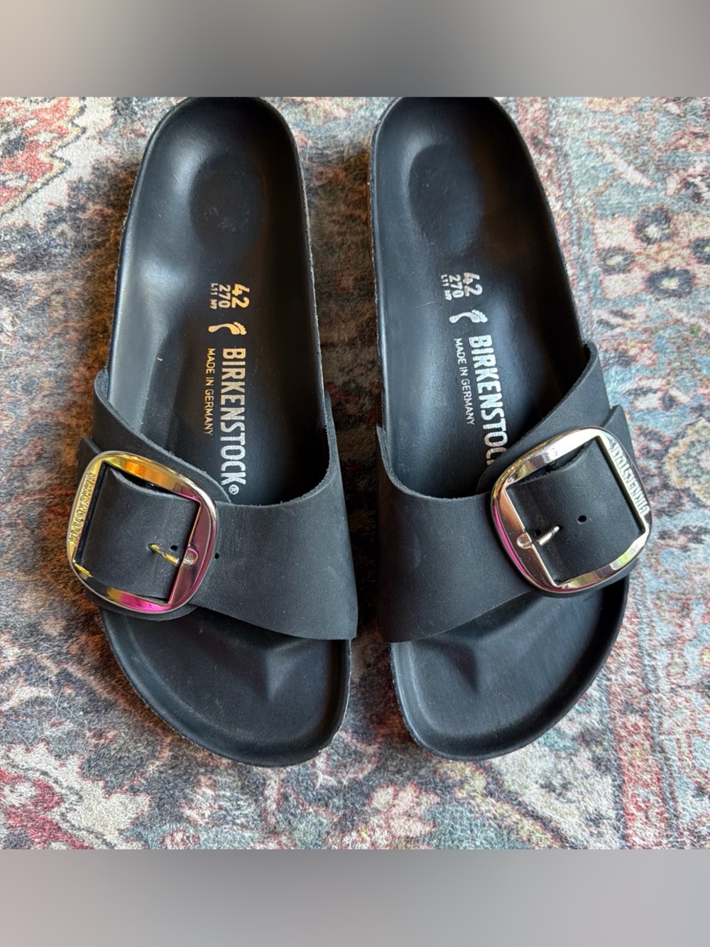 Birkenstock Black Single Strap Slide Sandals with Oversized Buckles